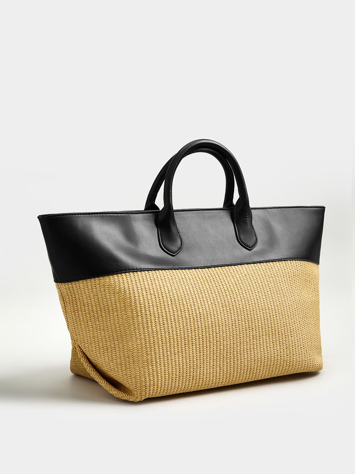 Faux Leather Patchwork Straw Large Tote Bag