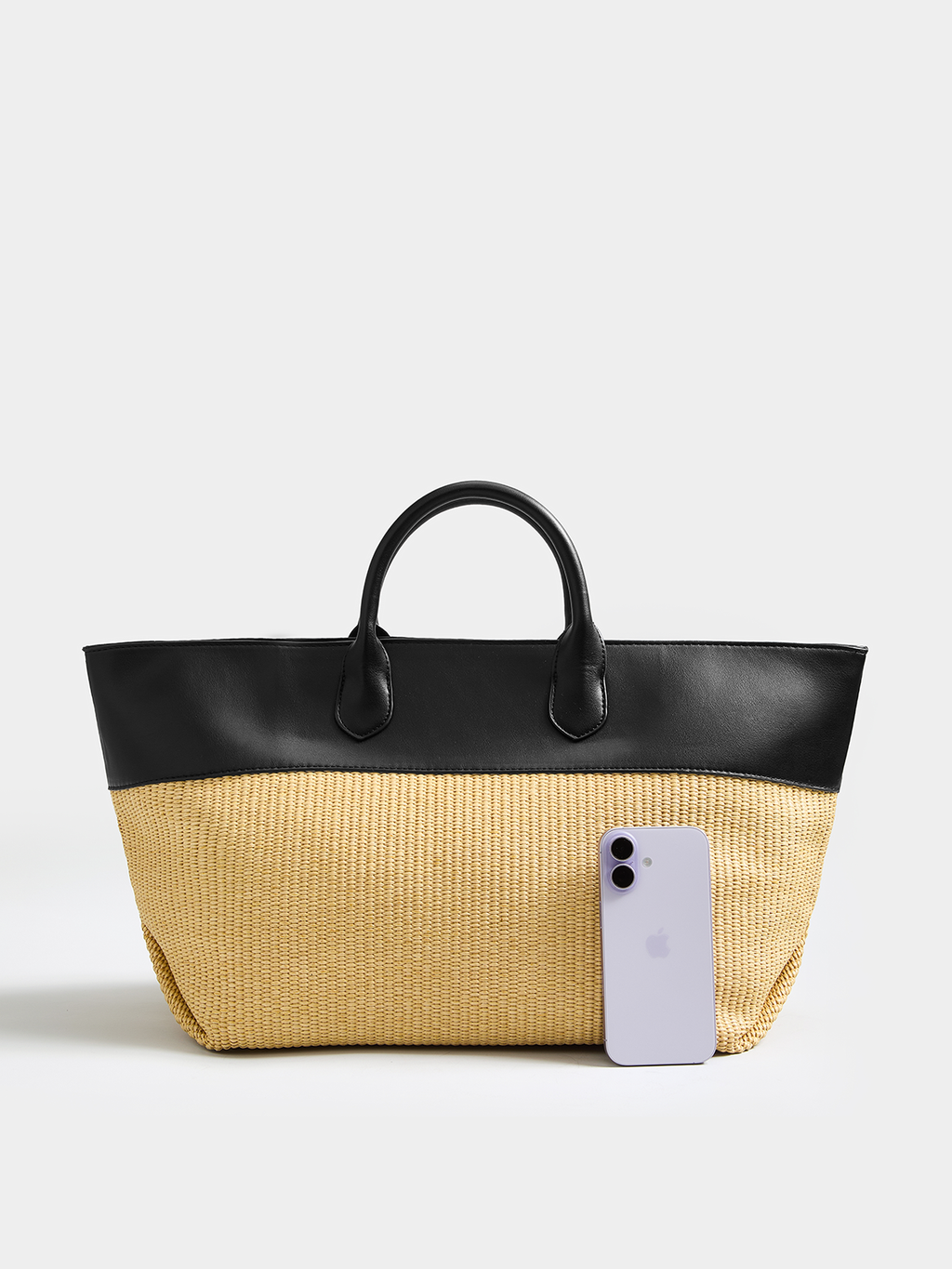Faux Leather Patchwork Straw Large Tote Bag