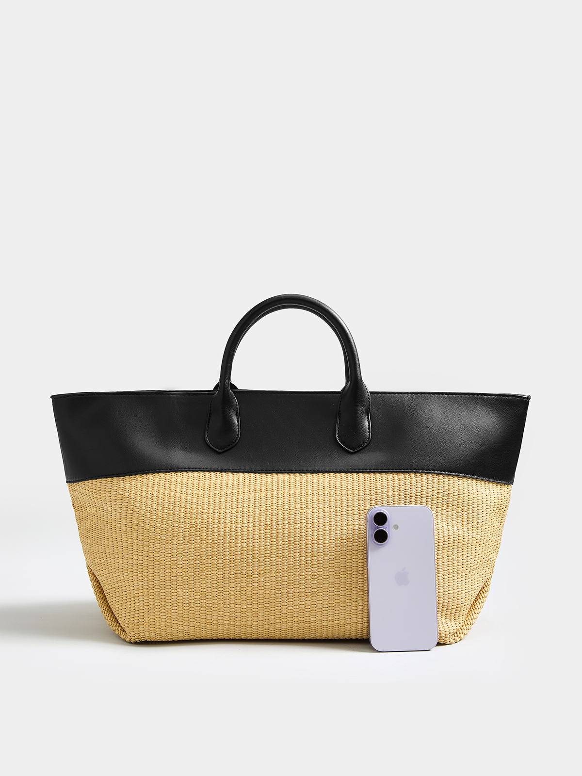 Faux Leather Patchwork Straw Large Tote Bag