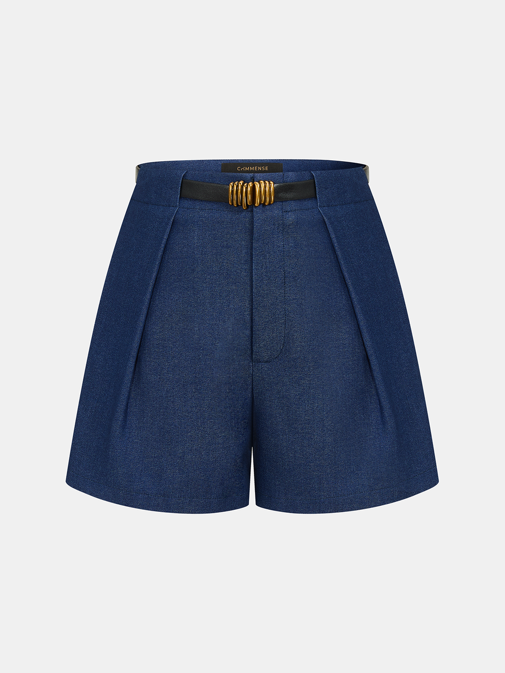 Faux Denim Belted Pleated Shorts