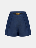 Faux Denim Belted Pleated Shorts