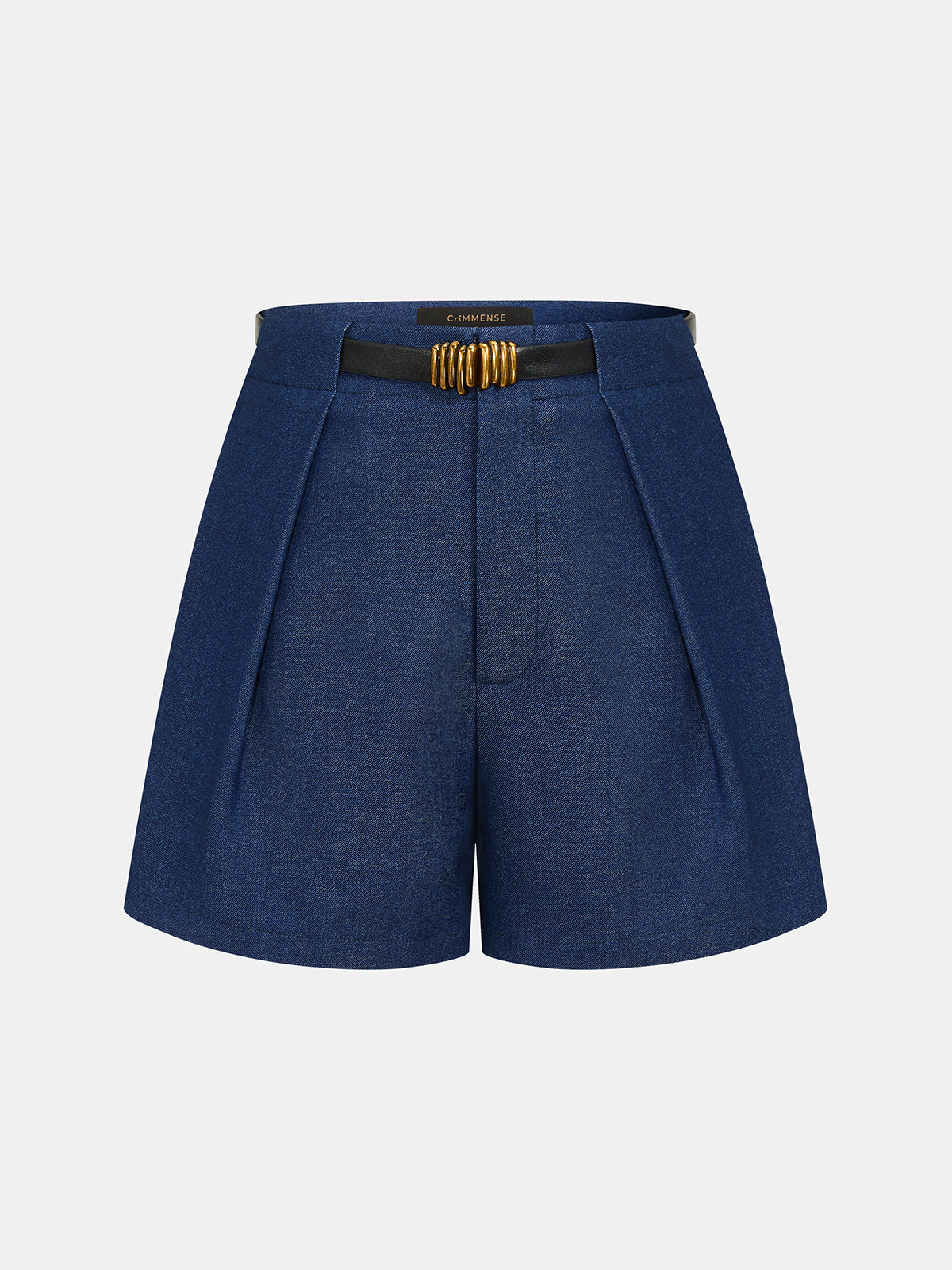 Faux Denim Belted Pleated Shorts