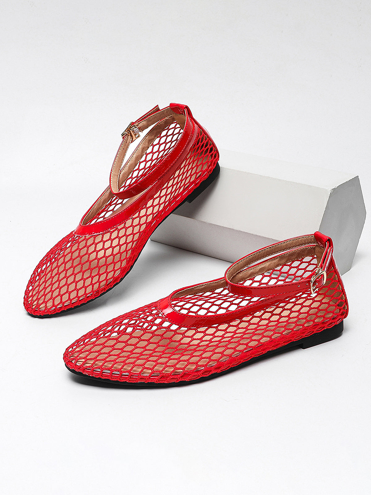 Fishnet Mesh Ankle Strap Ballet Flats