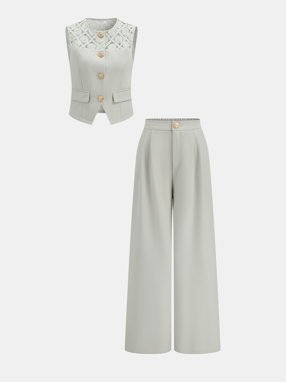 Lace Spliced Vest & Wide Leg Pants Set