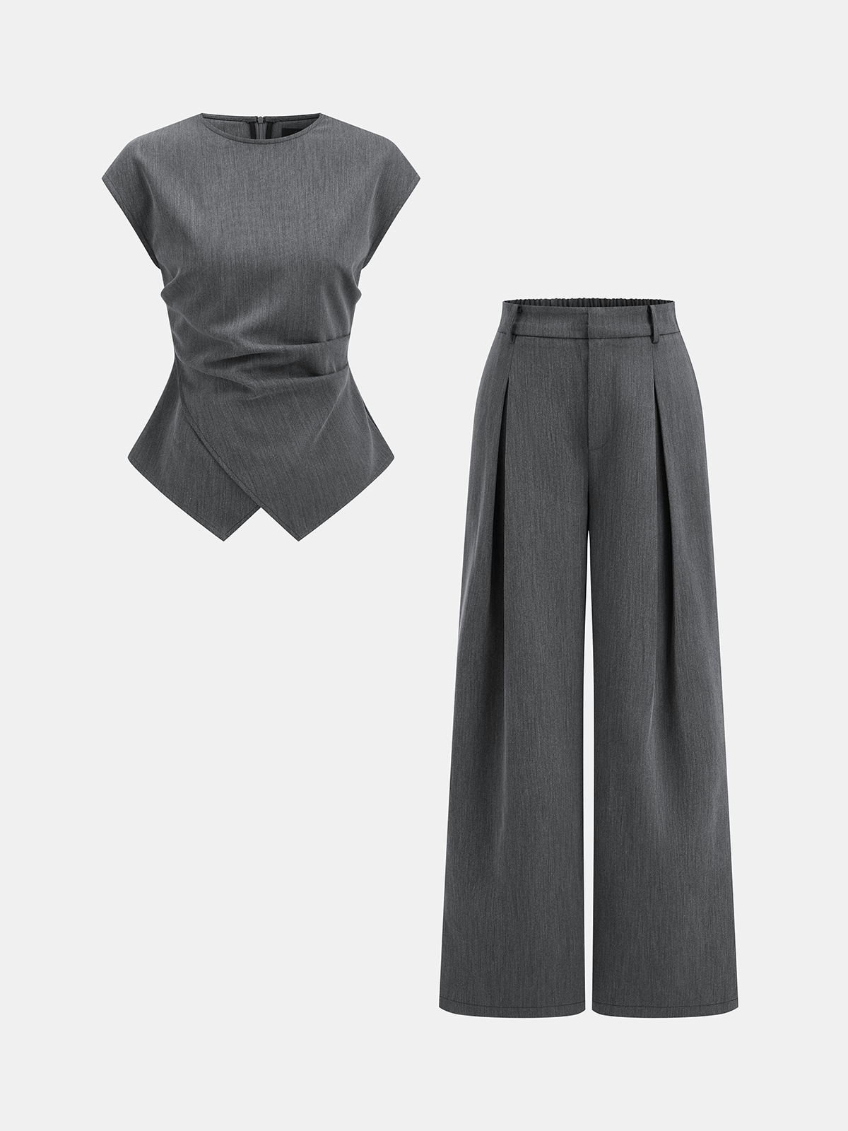 Cap Sleeve Ruched Blouse & Pleated Pants Set