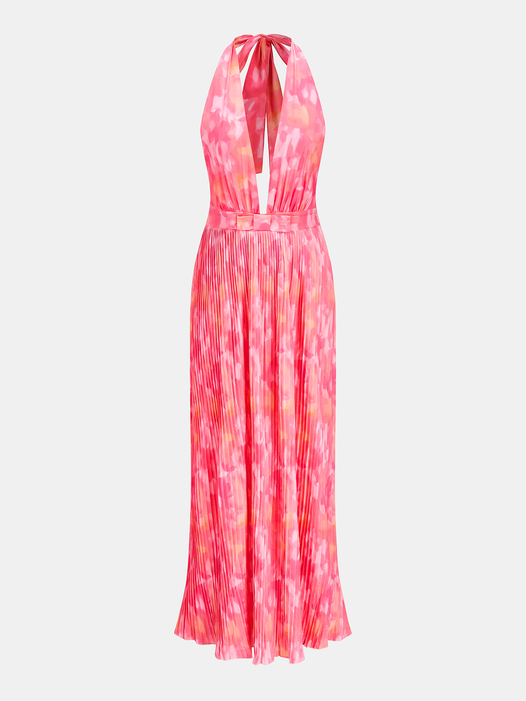 Watercolor Print Pleated Halter Maxi Dress