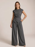 Cap Sleeve Ruched Blouse & Pleated Pants Set
