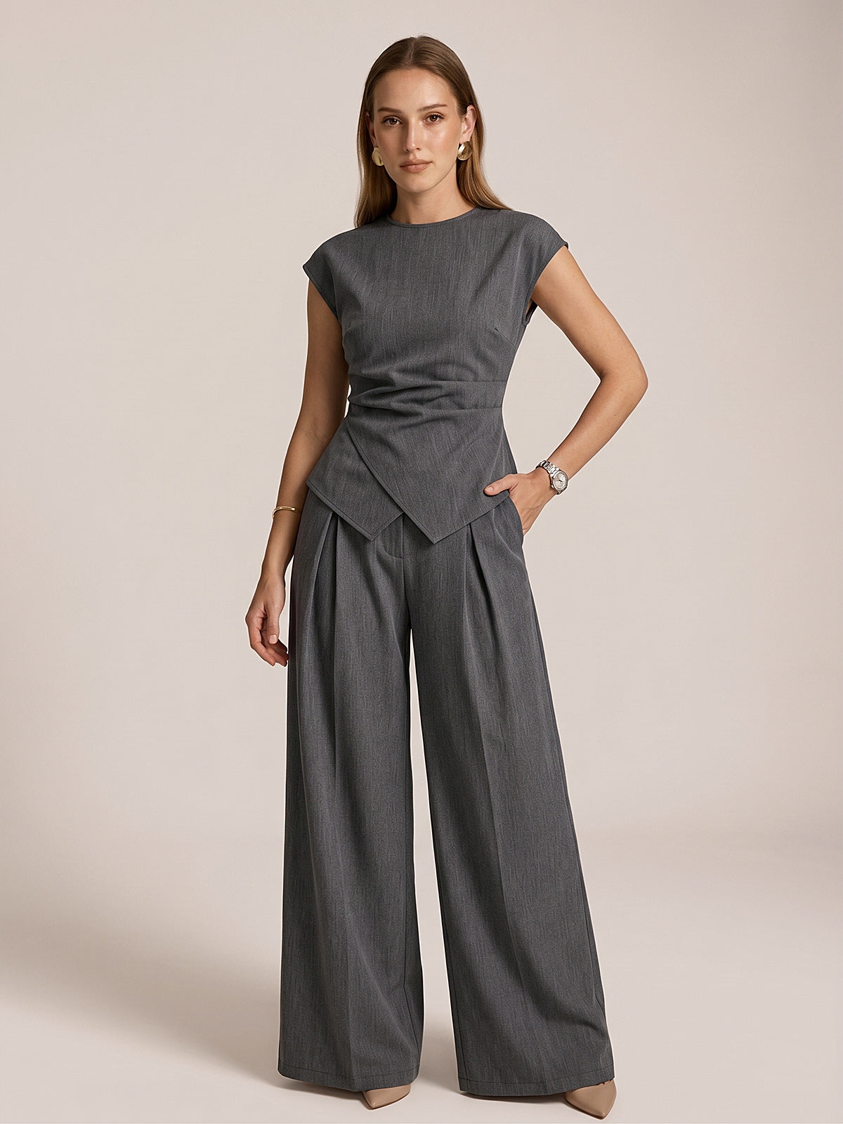 Cap Sleeve Ruched Blouse & Pleated Pants Set