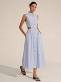 Sleeveless Cutout Striped Midi Shirt Dress