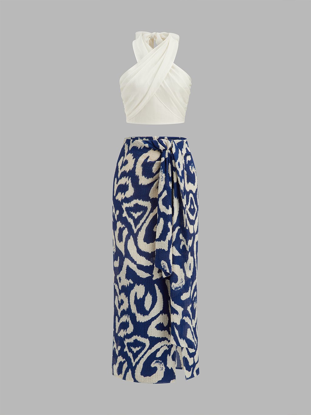 Halter Wrap Top & Abstract Print Skirt Set