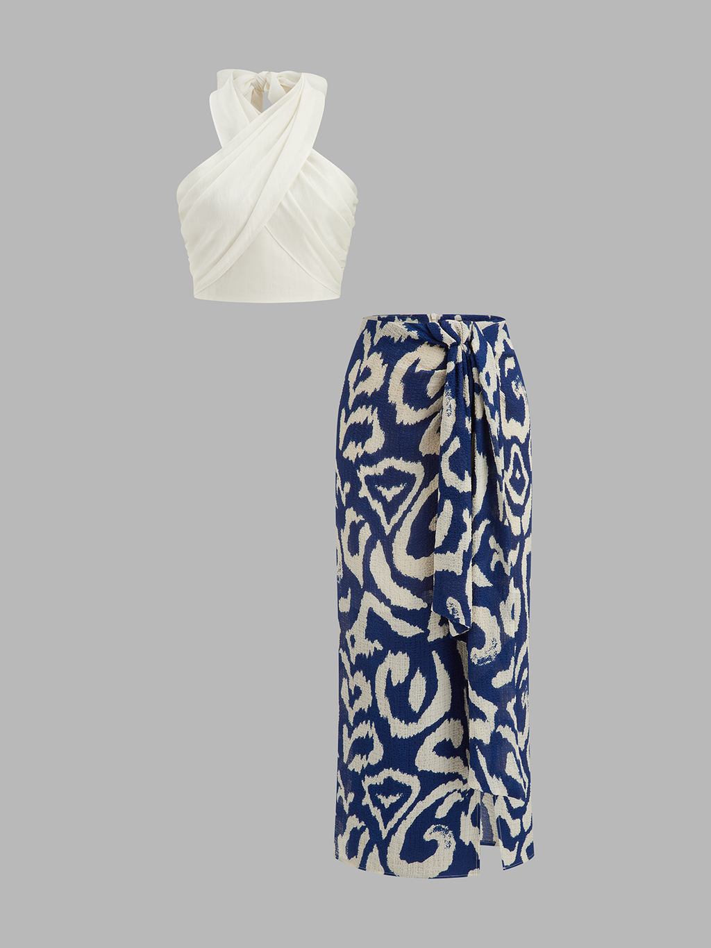 Halter Wrap Top & Abstract Print Skirt Set
