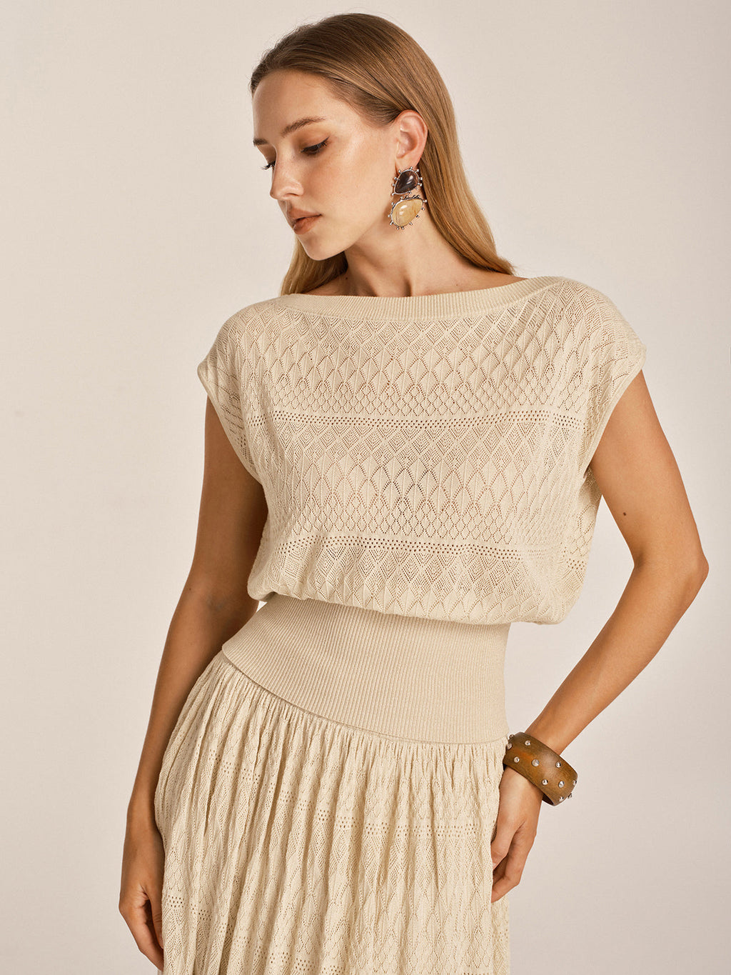 Openwork Knit Boat Neck Sleeveless Top