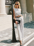 Cotton Linen Striped Cutout Belted Jumpsuit