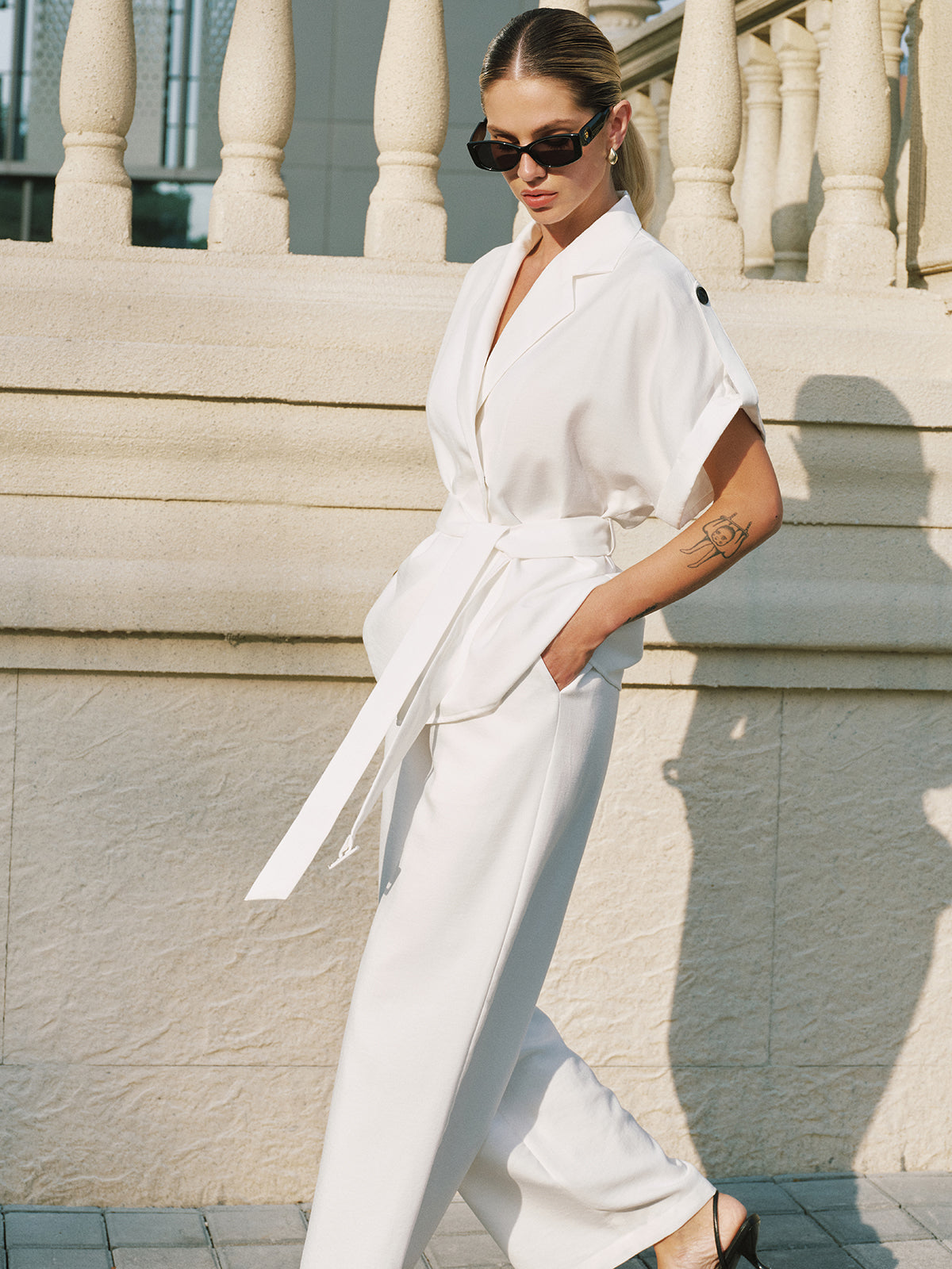 Short Sleeve Belted Blazer & Wide Leg Pants Set