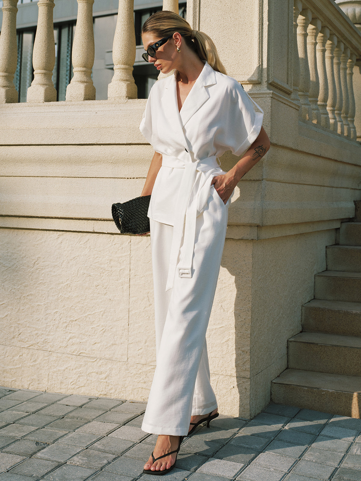 Short Sleeve Belted Blazer & Wide Leg Pants Set