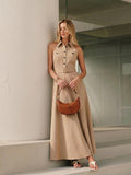Collared Halter Backless Belted Maxi Dress