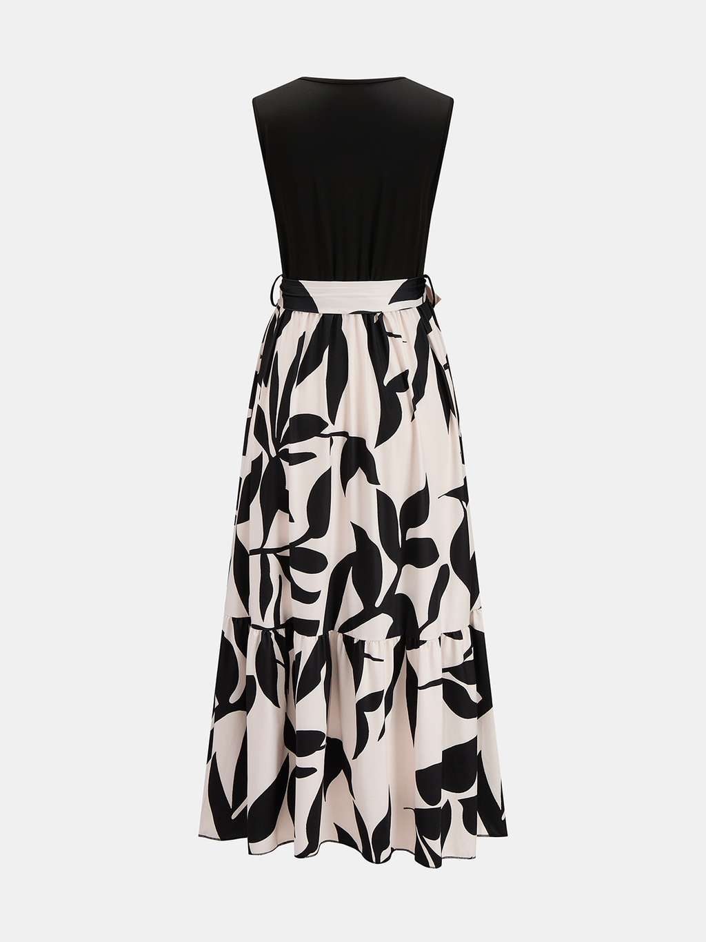 Sleeveless Leaf Print Tie Waist Maxi Dress