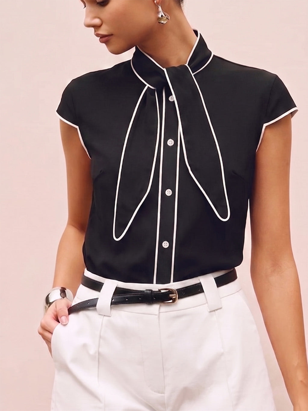 Contrast Piping Tie Neck Blouse