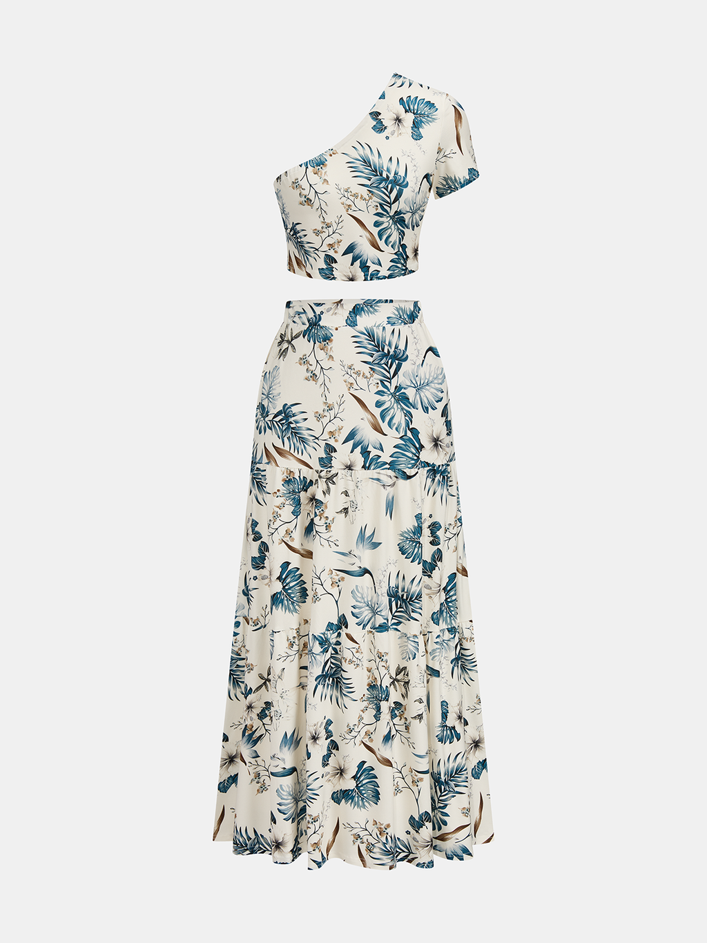 Leaf Print One-Shoulder Top & Skirt Set