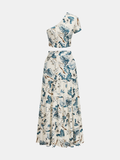 Leaf Print One-Shoulder Top & Skirt Set