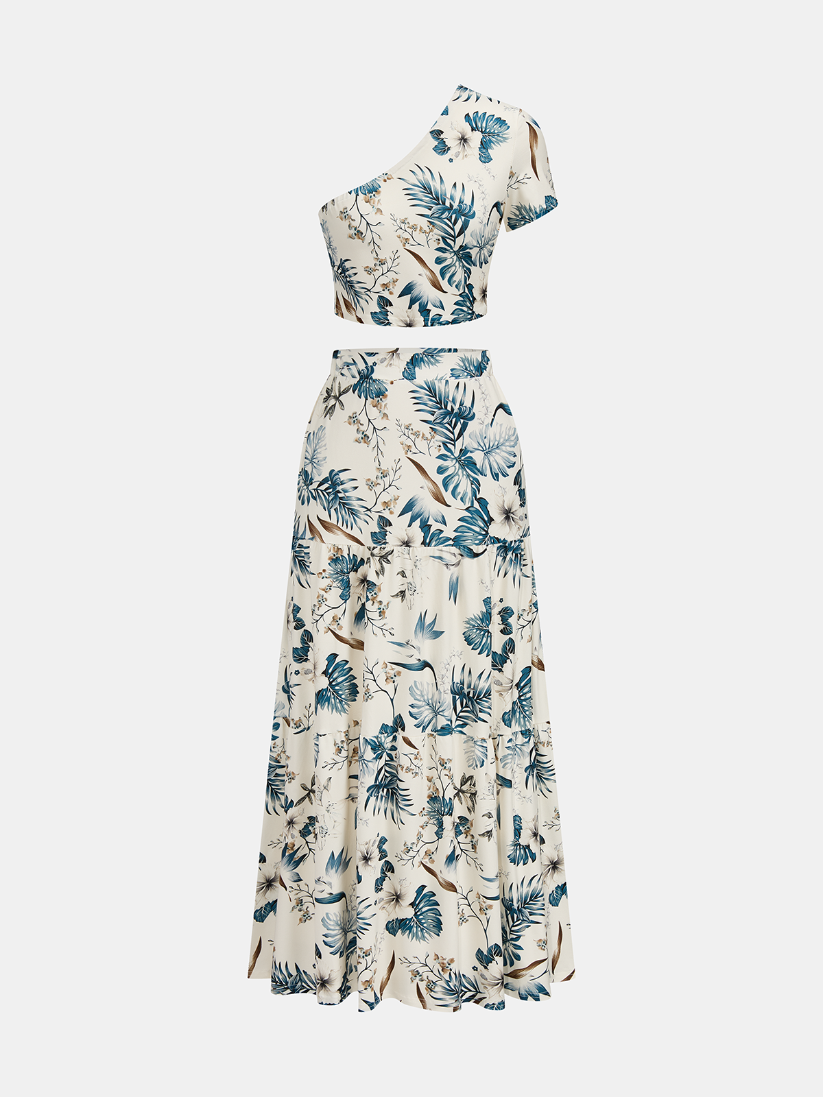 Leaf Print One-Shoulder Top & Skirt Set