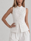 Guipure Lace Mandarin Collar Frog Button Vest