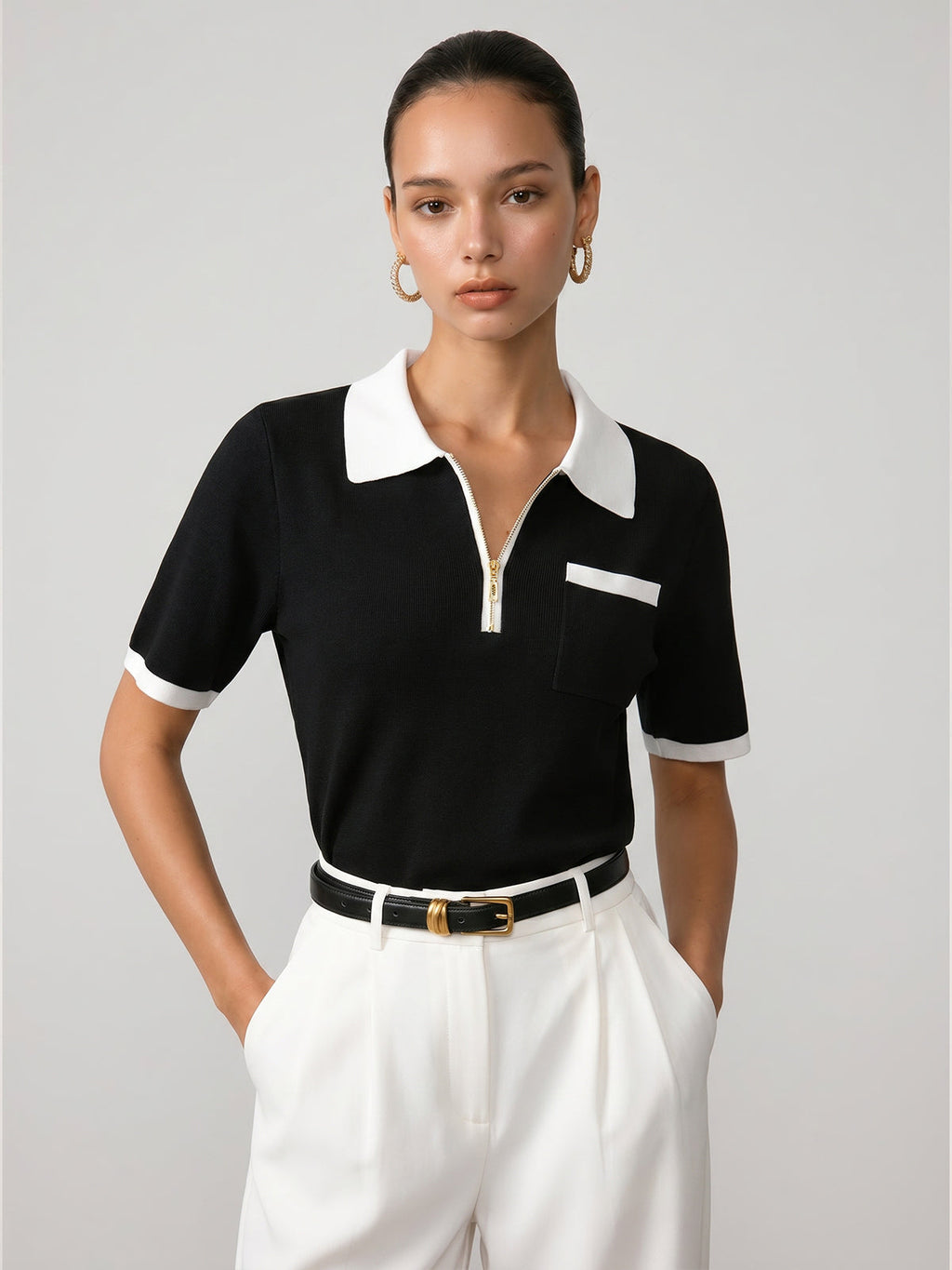 Short Sleeve Zipper Collar Knitted Polo Top