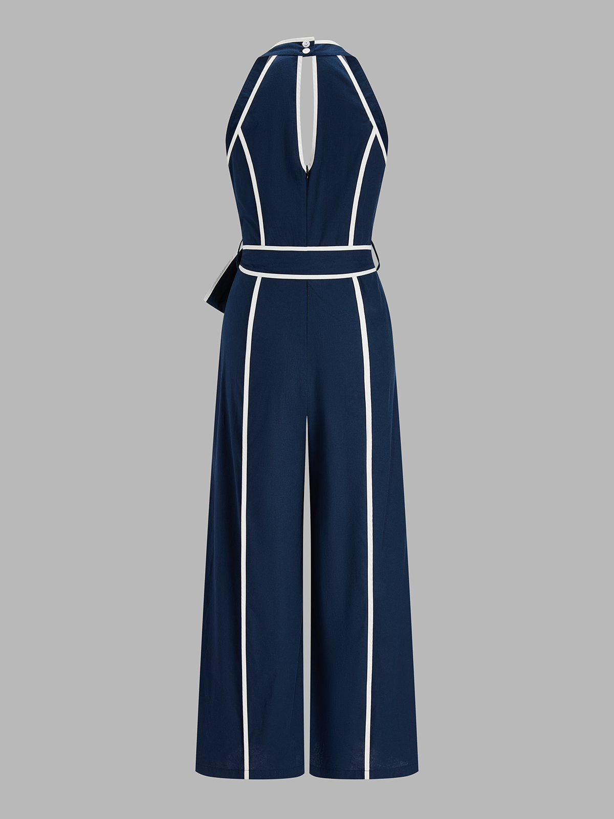 Contrast Trim Belted Cotton Linen Jumpsuit