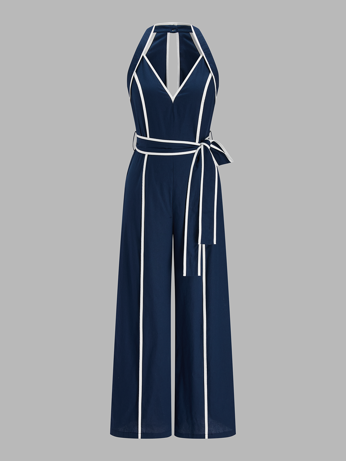 Contrast Trim Belted Cotton Linen Jumpsuit
