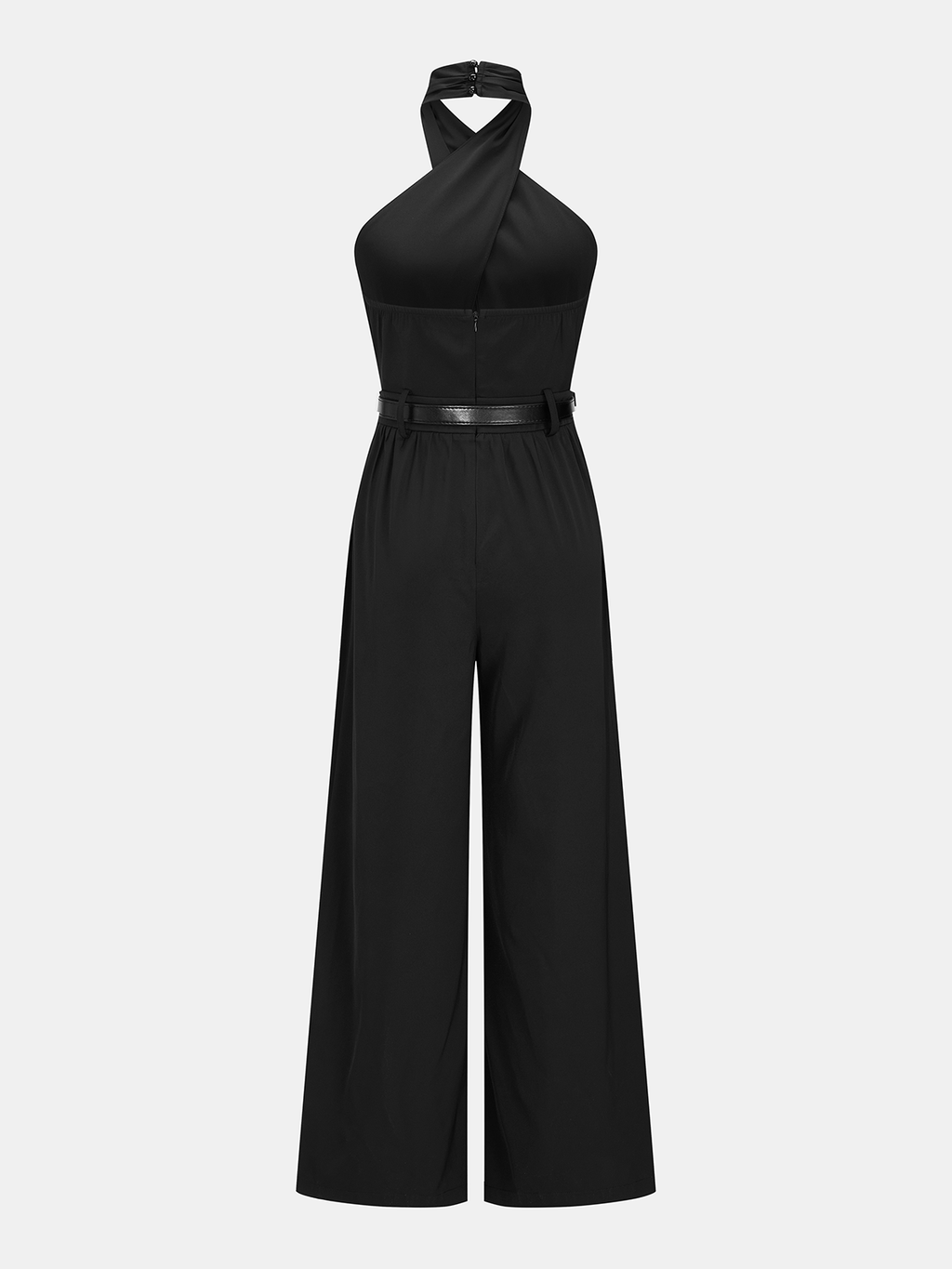 Cross Halter Belted Wide Leg Jumpsuit