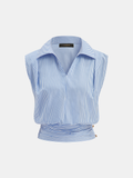 Striped Collared Sleeveless Cinched Blouse