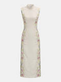 Floral Embroidered Cotton Linen Sleeveless Dress