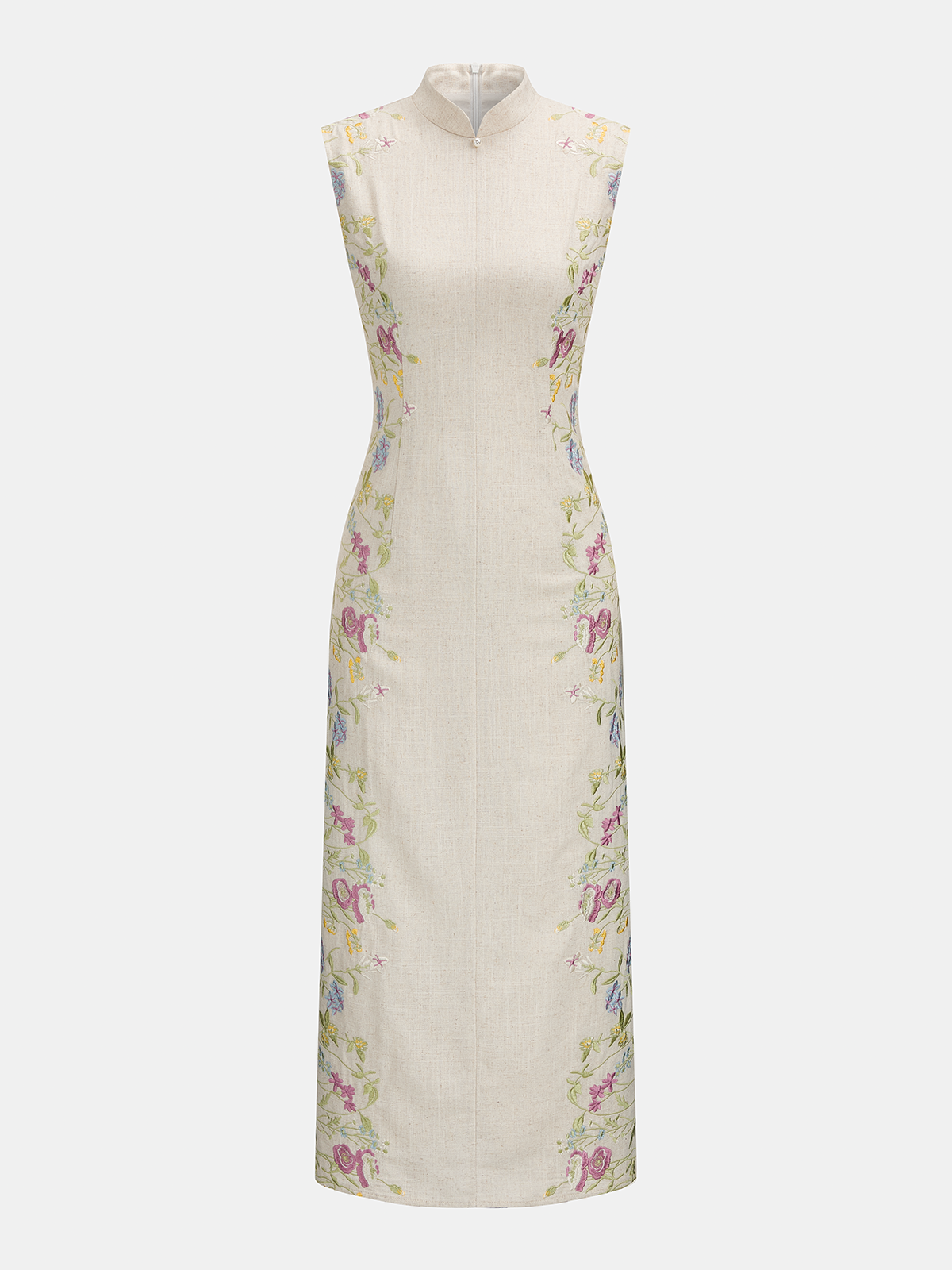 Floral Embroidered Cotton Linen Sleeveless Dress
