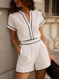 Cotton Linen Contrast Trim Top & Shorts Set