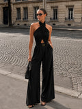 Cross Halter Belted Wide Leg Jumpsuit