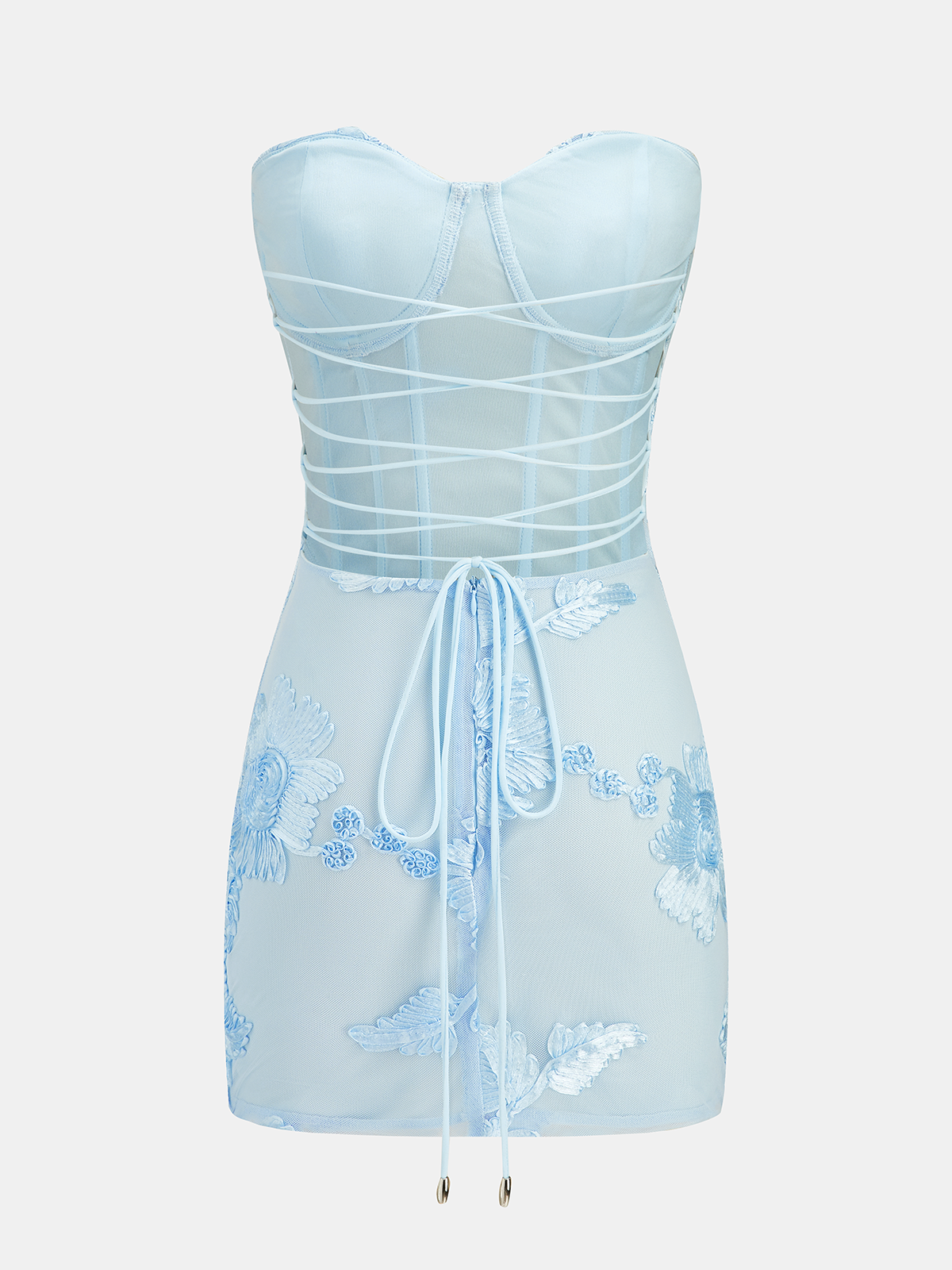 Semi-Sheer Floral Applique Strapless Dress