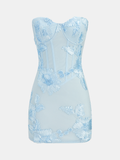 Semi-Sheer Floral Applique Strapless Dress