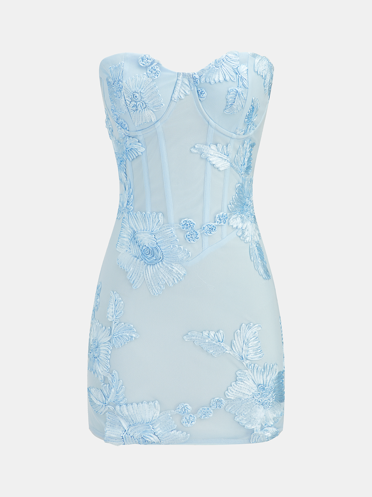 Semi-Sheer Floral Applique Strapless Dress