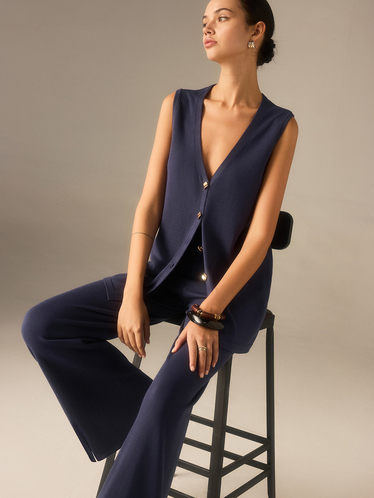 Golden Button Knit Vest Pants Set in Premium Fabric