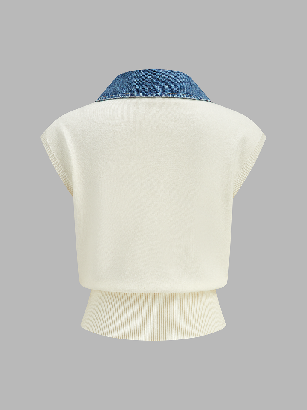 Cinched-Waist Denim-Collar Knit Vest