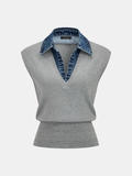 Denim Collar Sleeveless Knit Vest