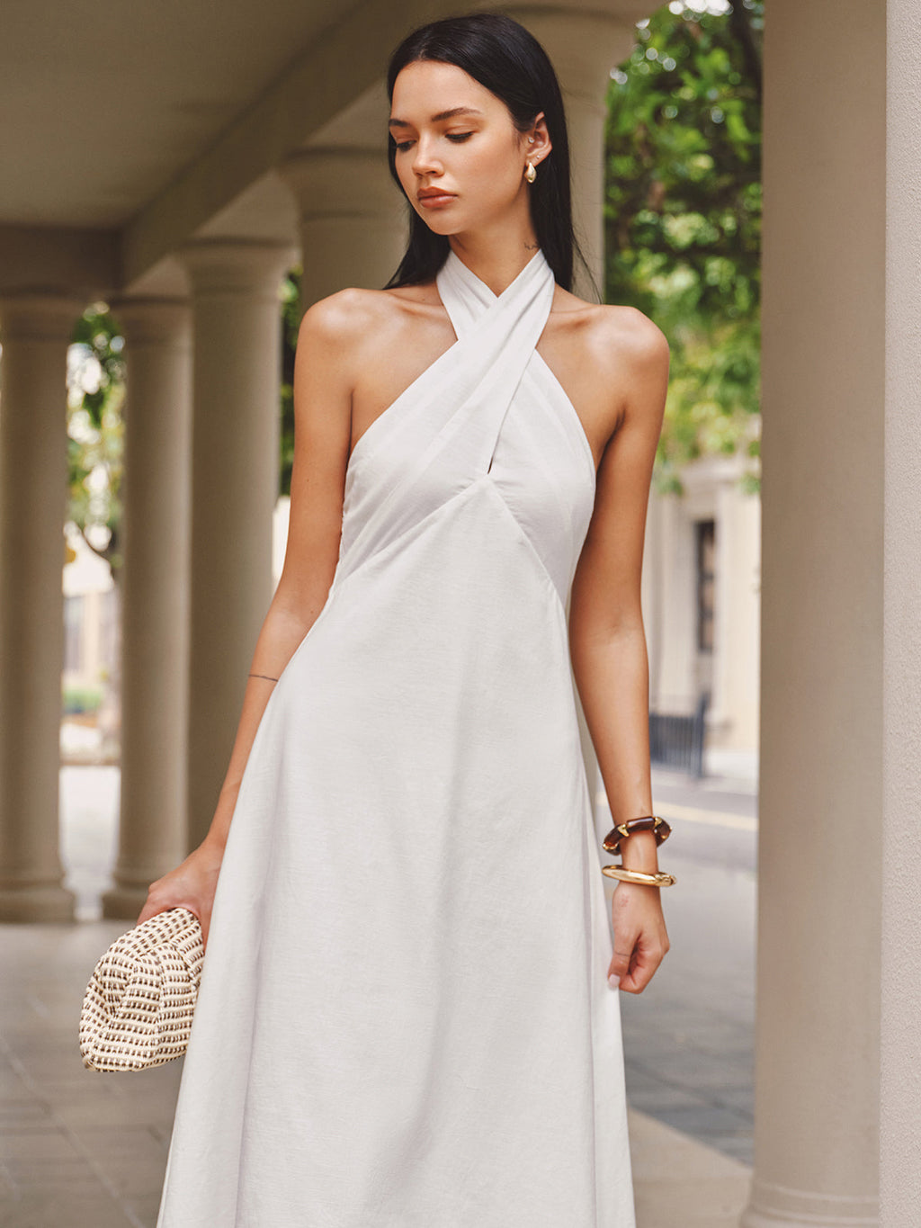 Cotton Linen Cross Halter Maxi Dress