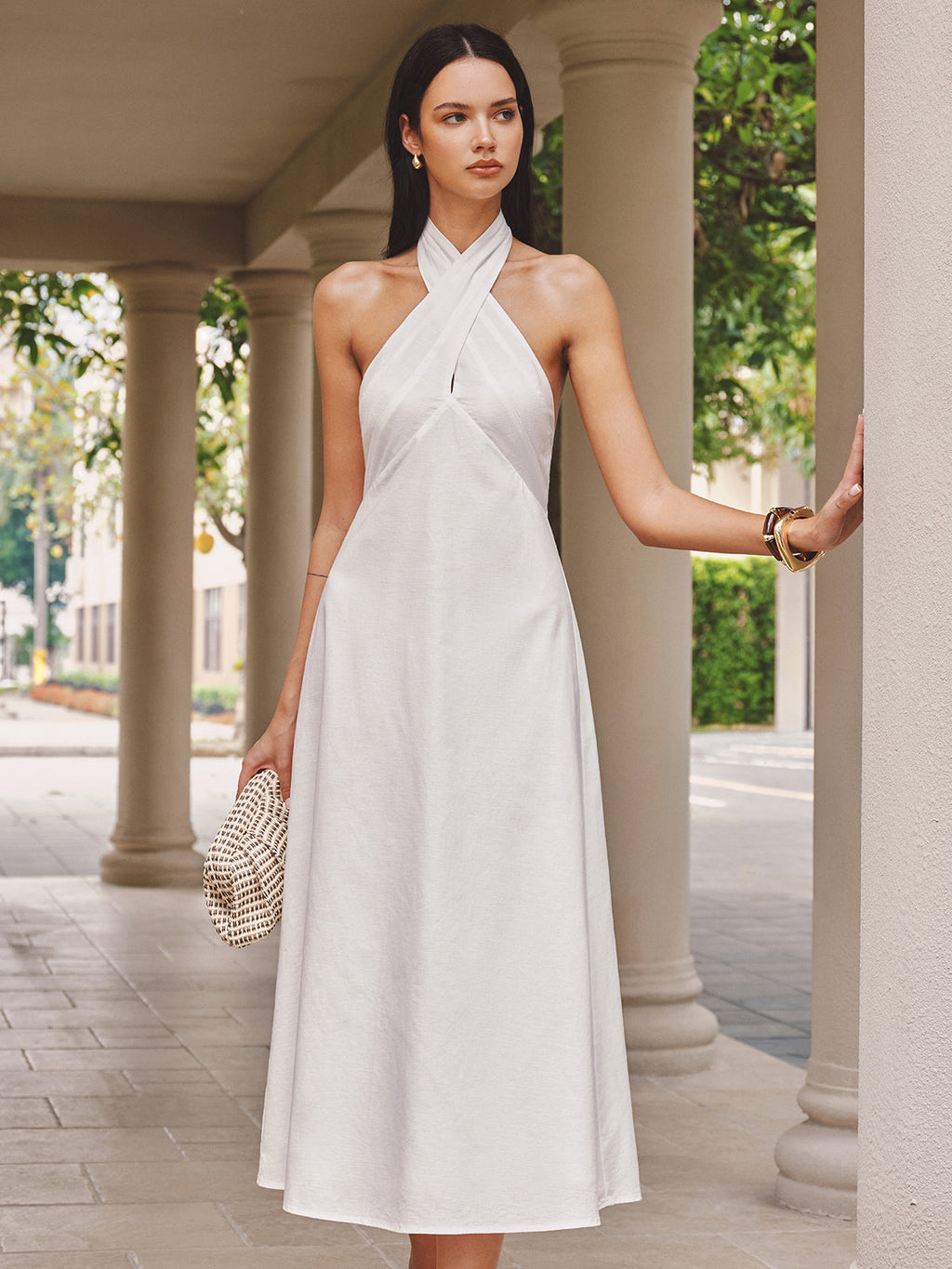 Cotton Linen Cross Halter Maxi Dress