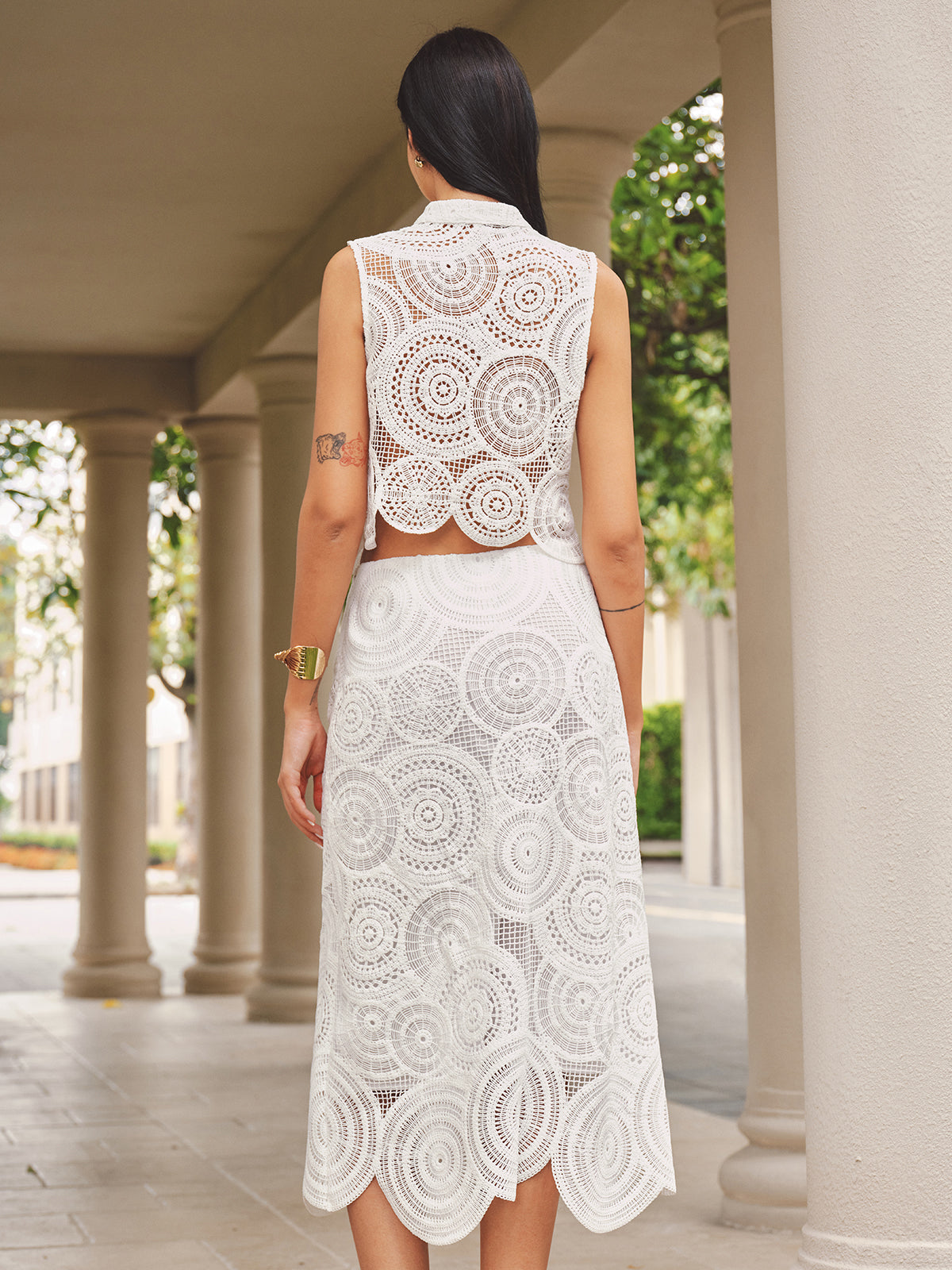 Frog Button Crochet Vest & Midi Skirt Set
