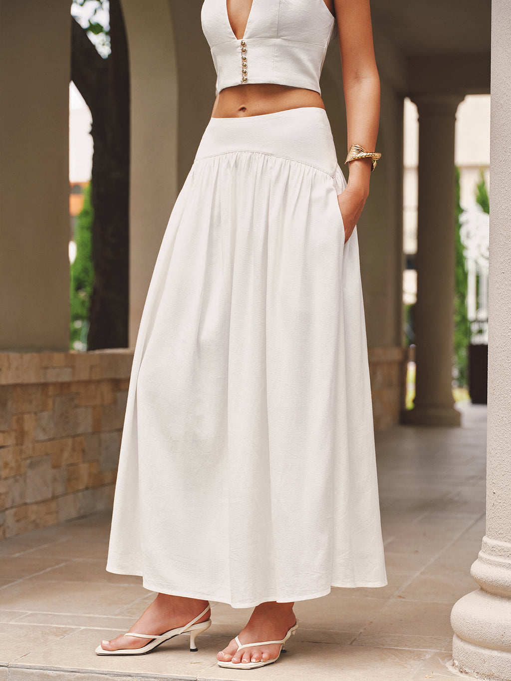 Linen-Blend Halter Top & Maxi Skirt Set