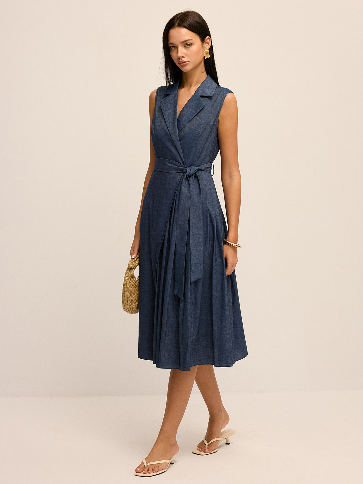 Blazer Collar Belted Pleated Maxi Dress
