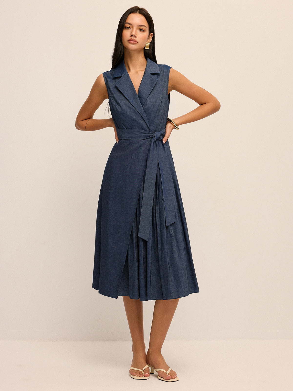 Blazer Collar Belted Pleated Maxi Dress