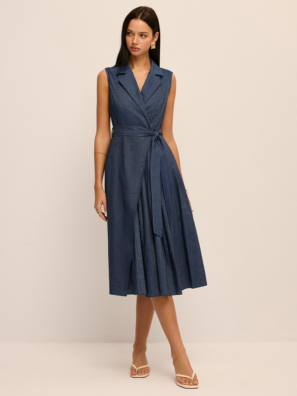 Blazer Collar Belted Pleated Maxi Dress