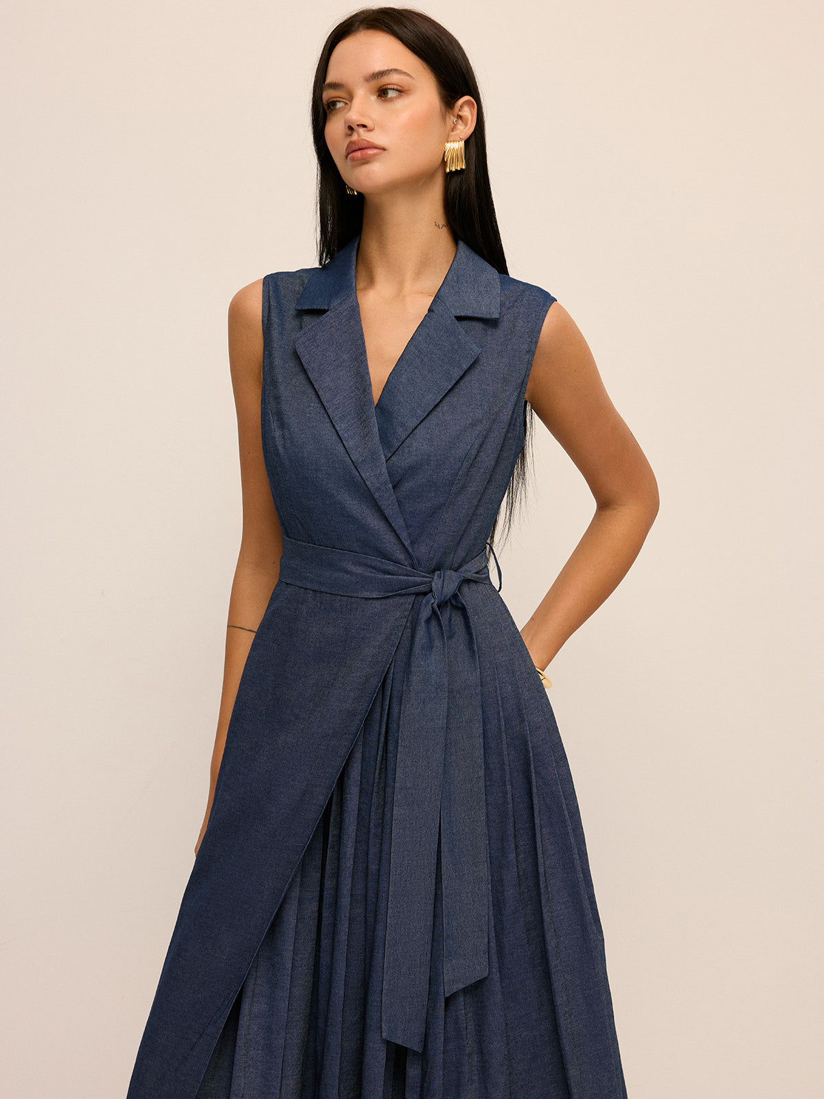 Blazer Collar Belted Pleated Maxi Dress