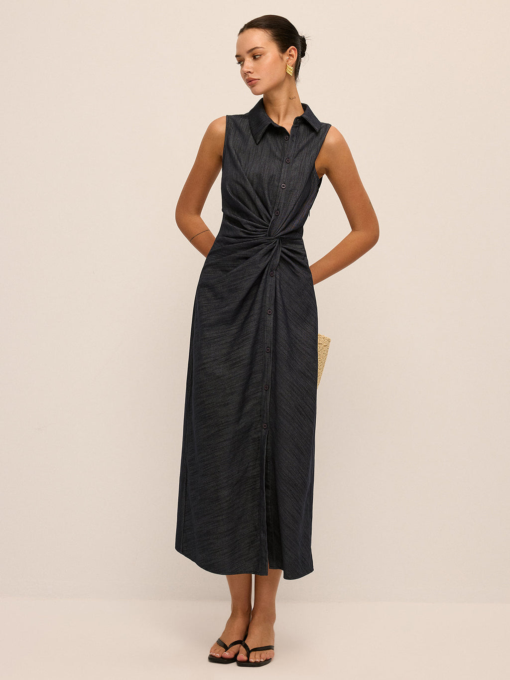 Denim Twist-Front Sleeveless Shirt Dress